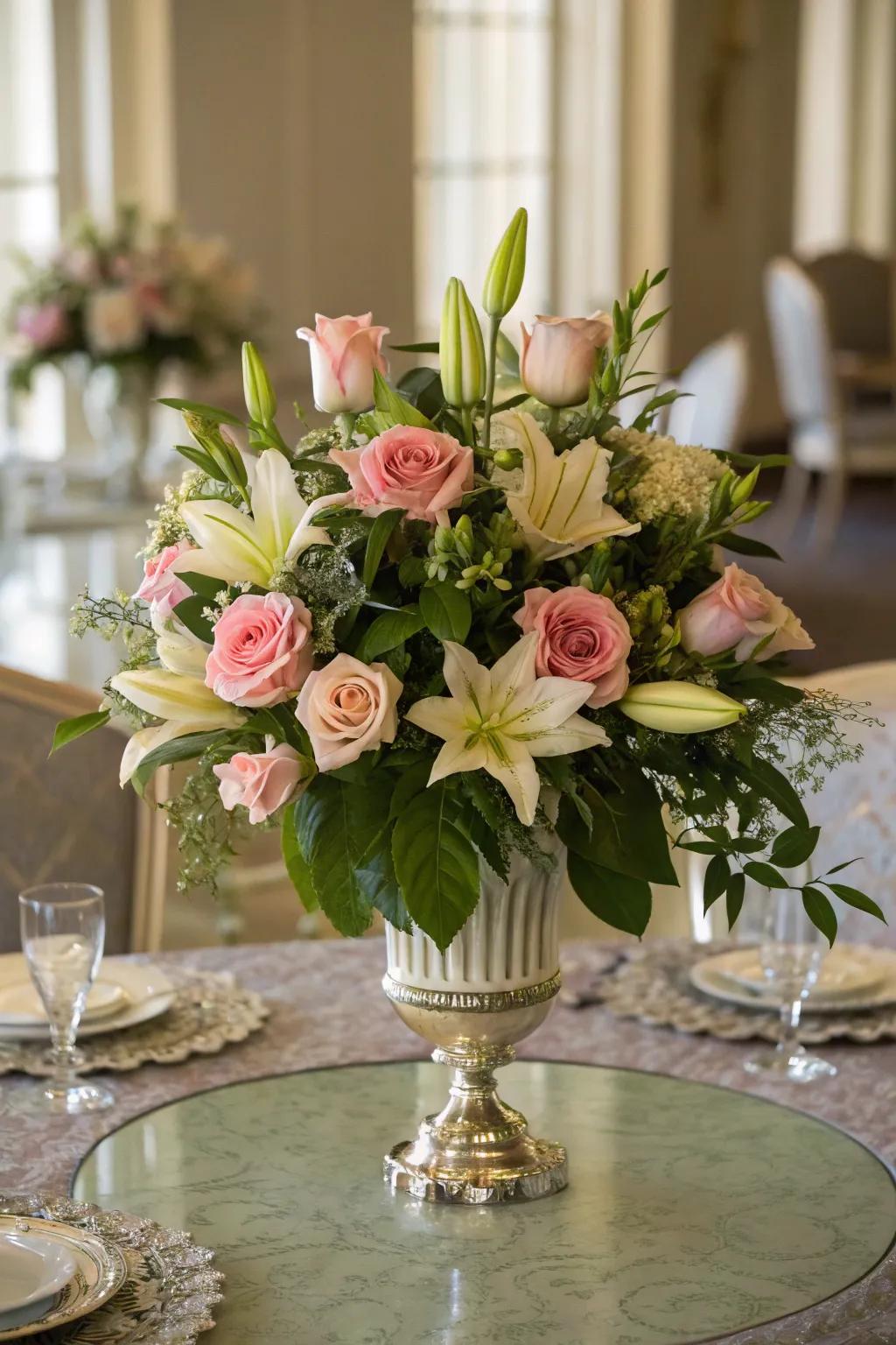 Flowers bring life to your romantic dining setting with their beauty and scent.