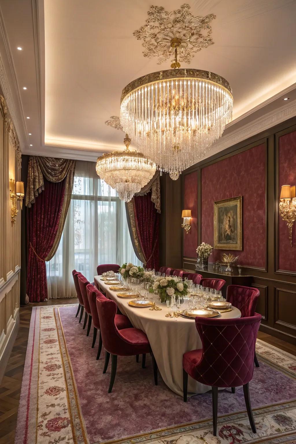 A luxurious dining room featuring regal richness and elegant decor, crafting a space of grandeur and warmth.