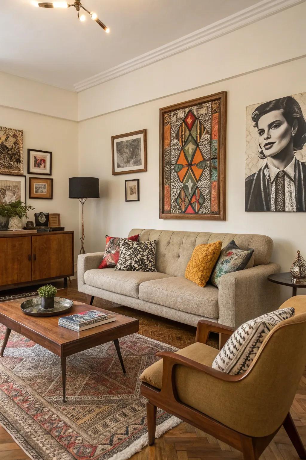 A tailored living room featuring a hand-picked combination of art and decor.