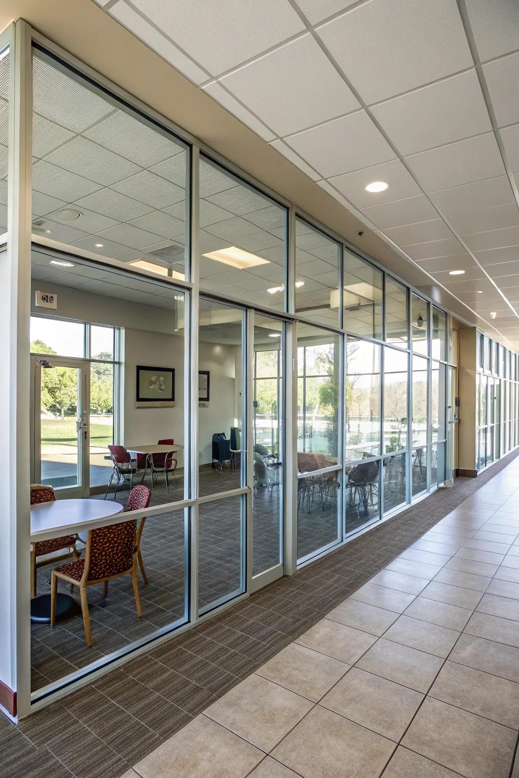 A room featuring a low wall with crystal segments creating an open yet distinct separation.