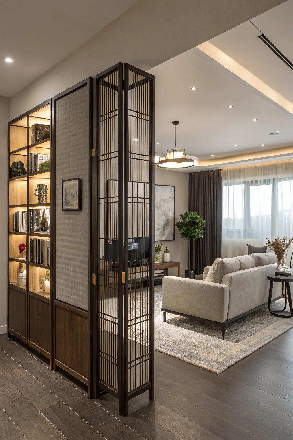 Furniture pieces serve more than one purpose by acting as both space dividers and functional household items.