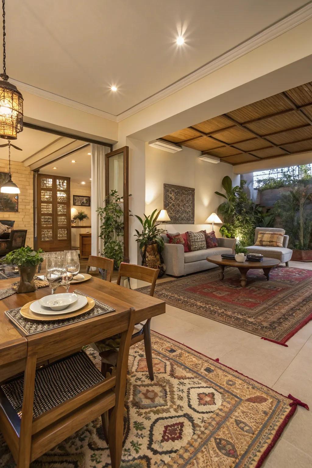 Carpets creating areas in an open room.
