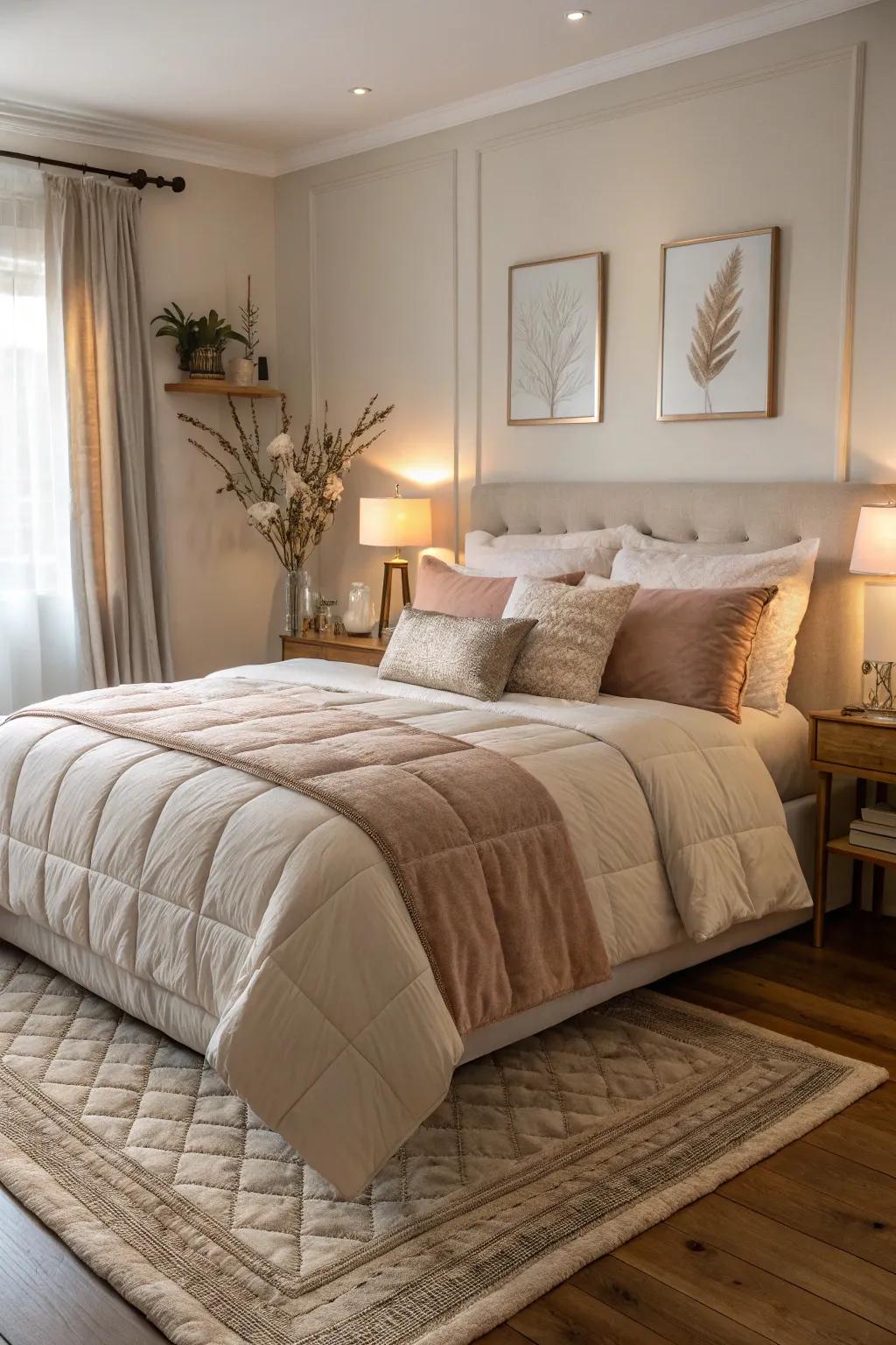 A bedroom showcasing comfortable furnishings and plush bedding, providing ultimate relaxation.