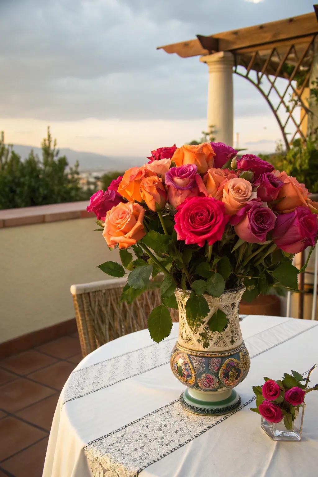 Striking and animated featuring apricot and magenta roses.