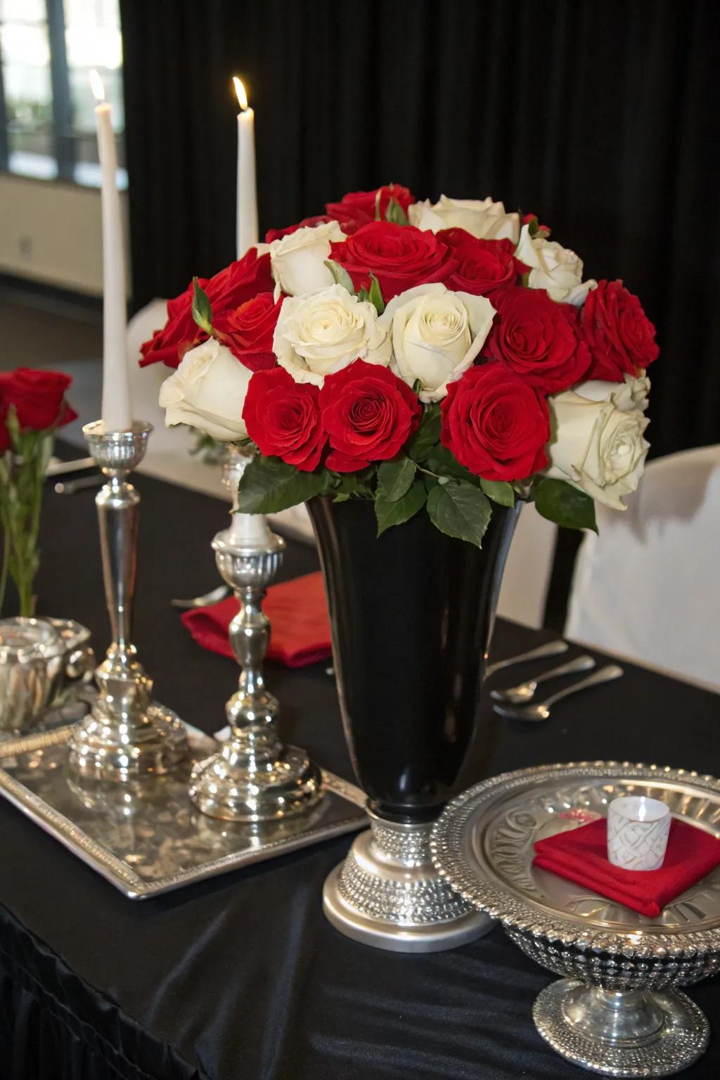 Dramatic Contrast with Roses and Ebony Features