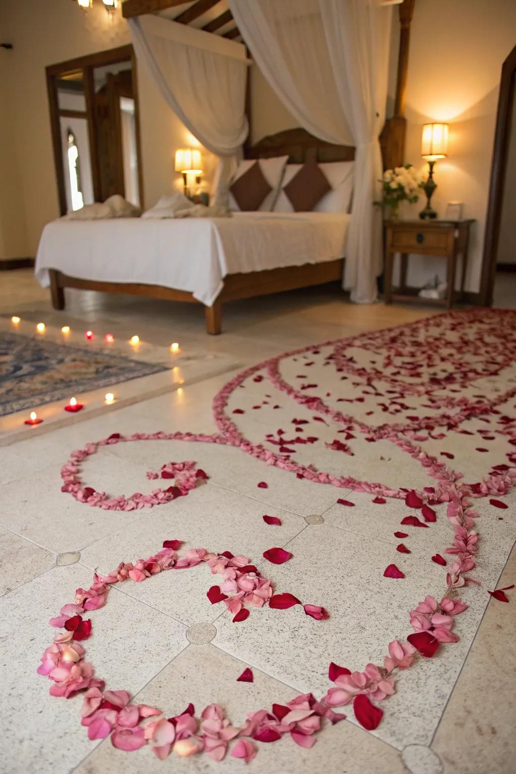 Elaborate rose petal patterns leading to the bed.