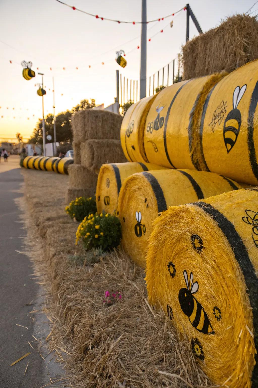 Buzz into inventive adornments with hay bales altered into charming apiaries for a delightful outdoor presentation.