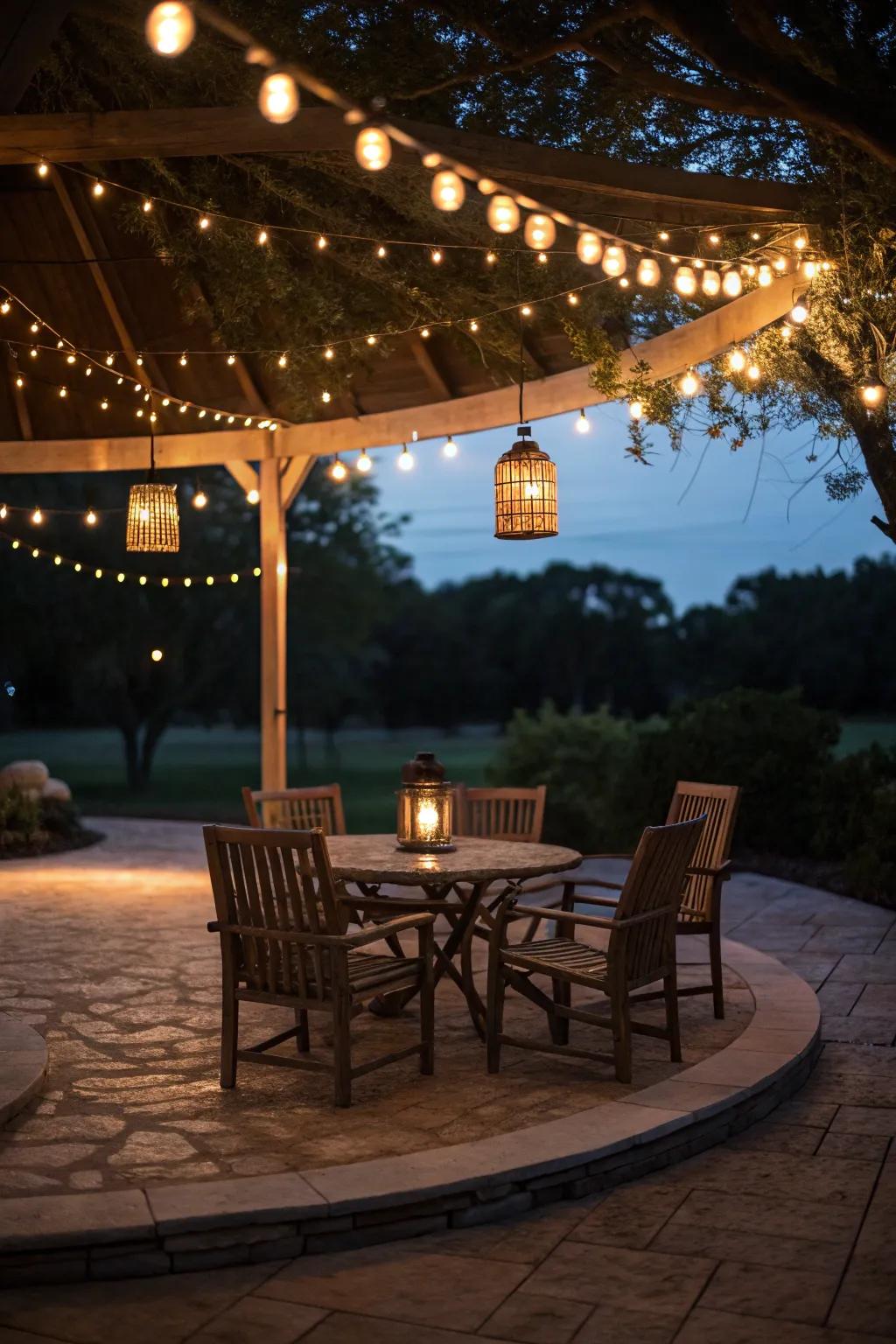 Layered illumination morphs this patio into a magical setting.