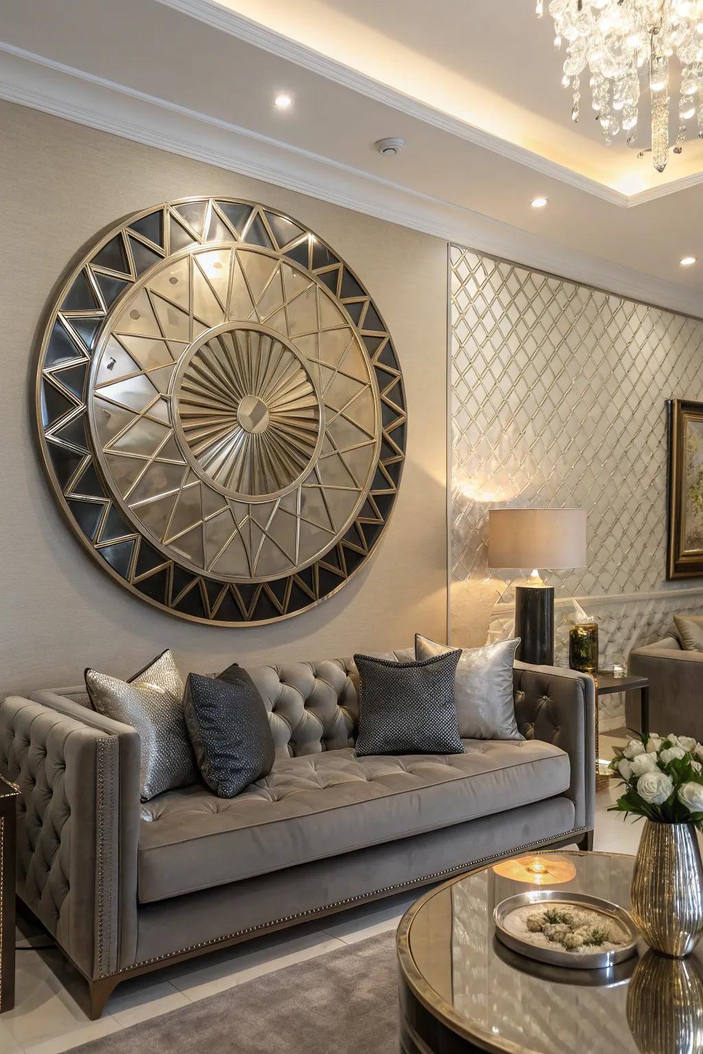 A modern living area showcasing metallic circular wall art with geometric patterns.