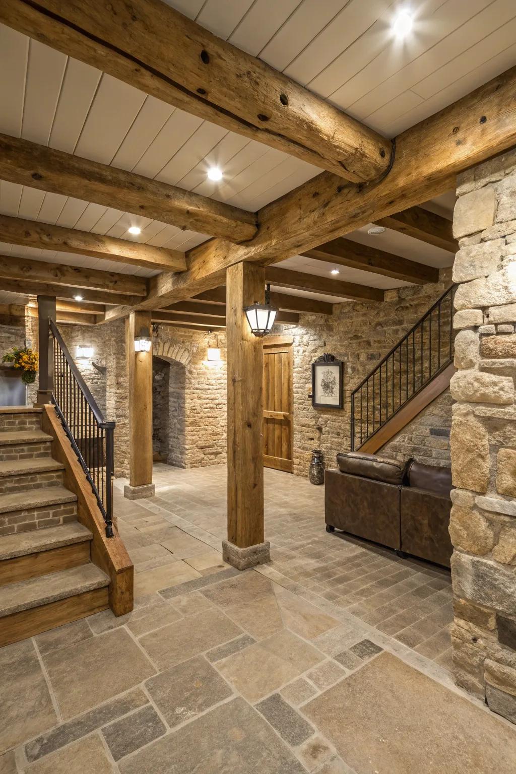 Earthy tones create a calm environment in a rustic basement.