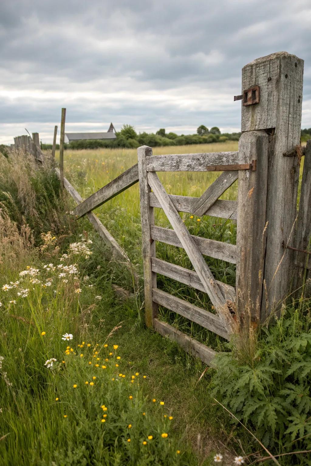 A farm gate exhibiting the refined appearance of weathered timber.