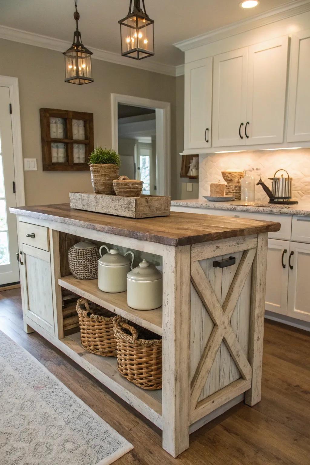 A farmhouse kitchen island set in a peaceful neutral spectrum.