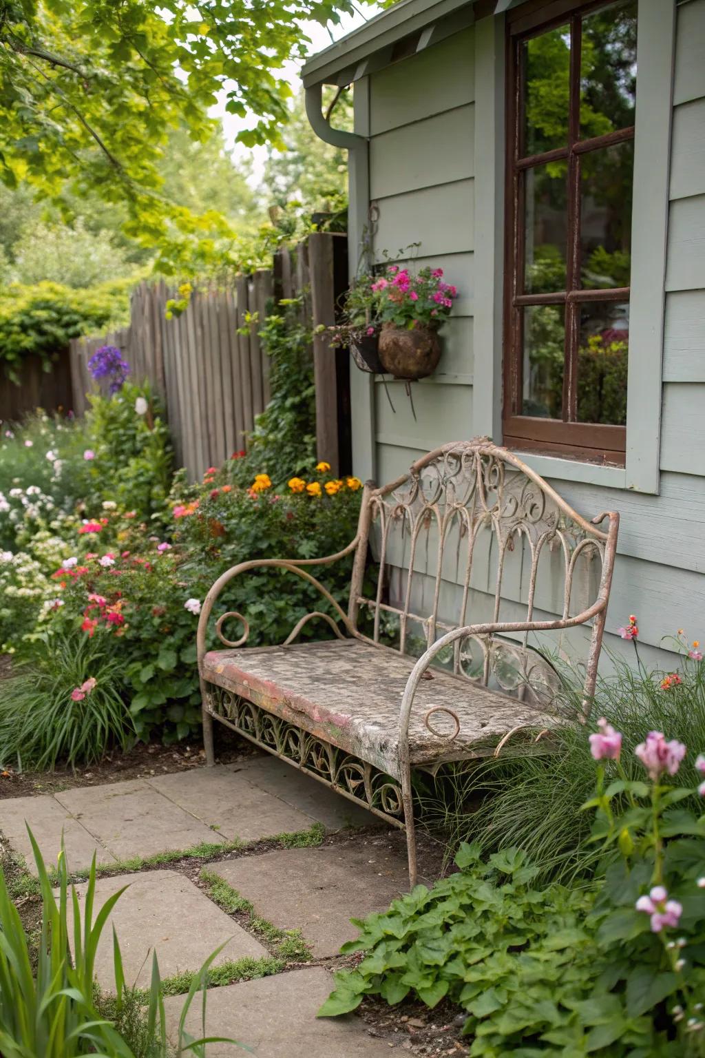 A unique garden bench made from an upcycled metal bed frame.