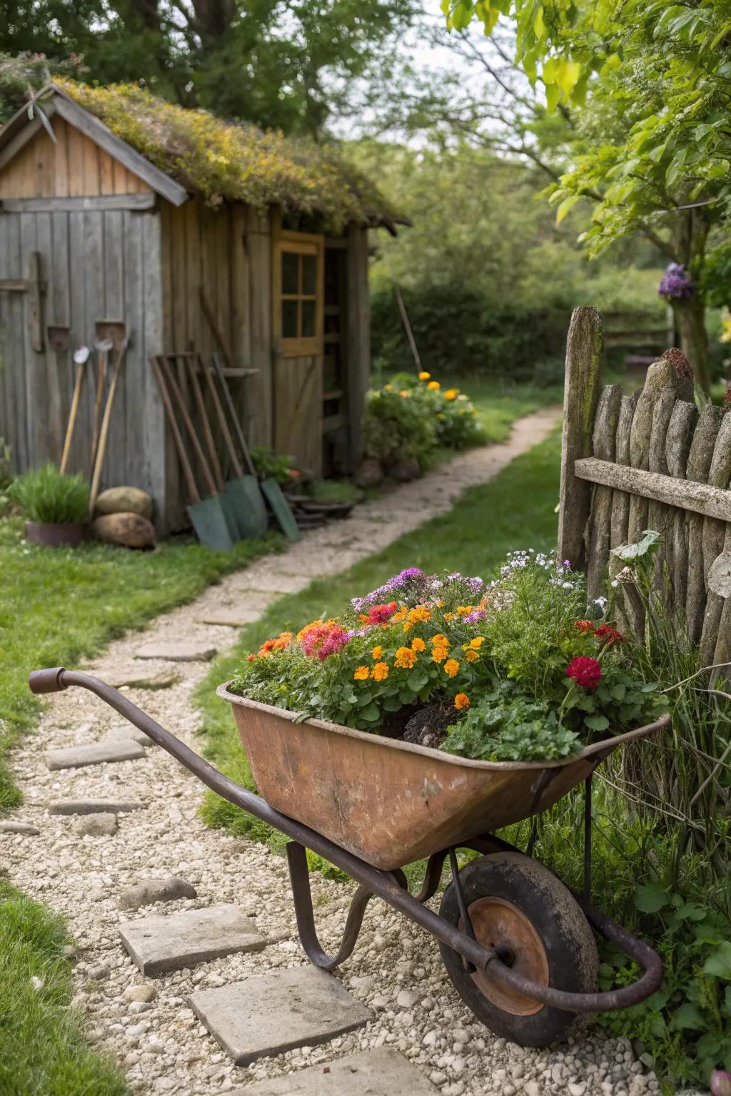 A traditional wheelbarrow planter within a traditional garden.