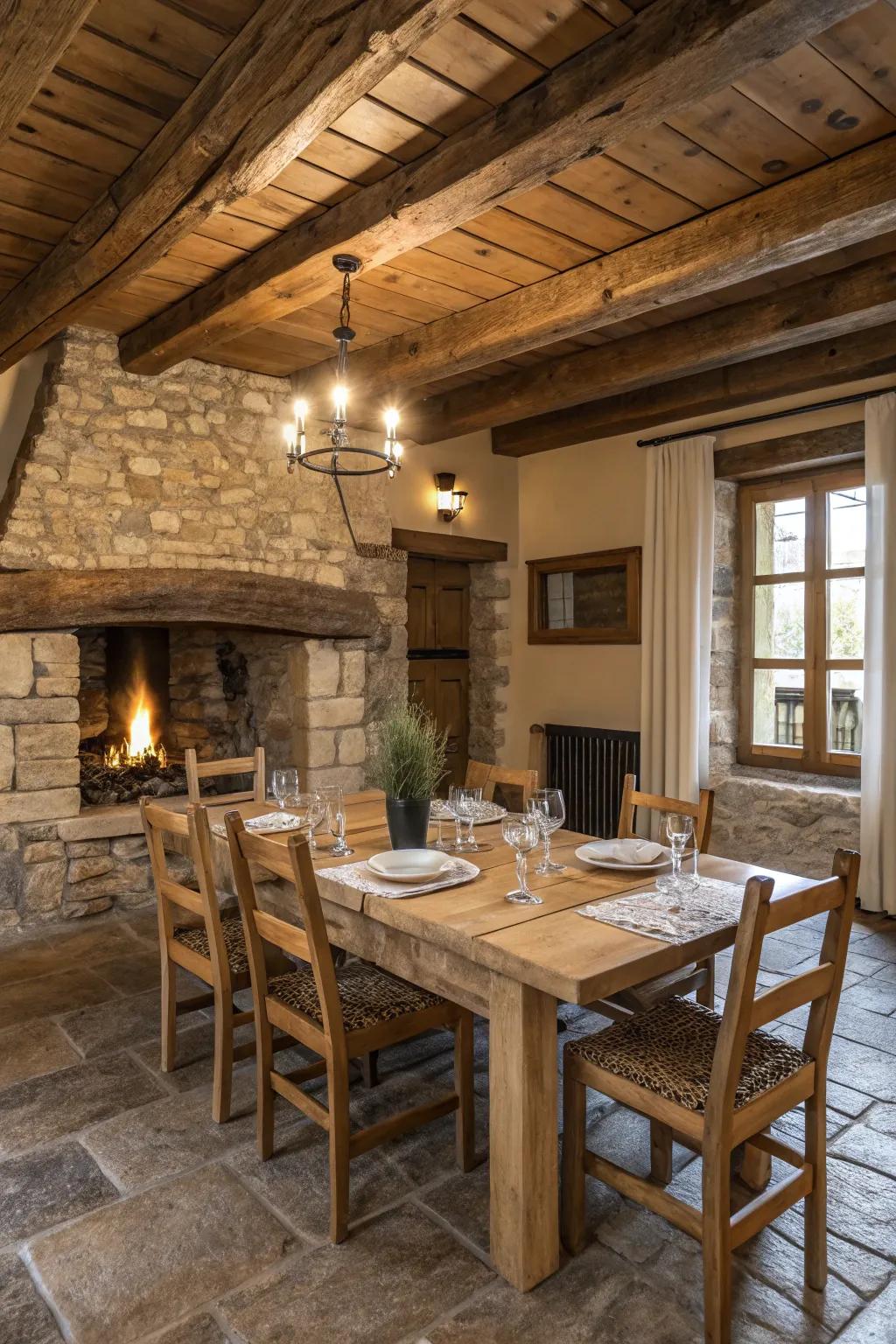 <strong><em>Natural wood furniture</em></strong> furnishes a rustic dining chamber.” loading=”lazy” class=”pimg”>
	</picture><figcaption><strong><em>Natural wood furniture</em></strong> furnishes a rustic dining chamber.</figcaption></figure>
<p>Furniture fashioned from <strong><em>natural wood</em></strong> presents a stunning means of accentuating rustic styling. My preferred selections often stem from local craftspeople, imbuing my domicile with a distinctive character.</p>
<h3>Consider these options:</h3>
<ul class=