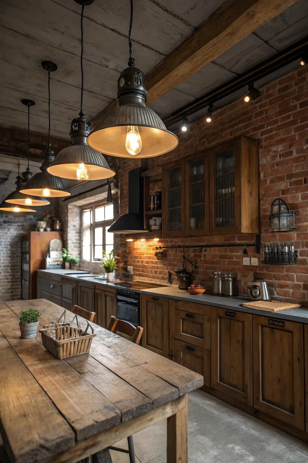 Industrial lighting adds a bold and stylish statement to country-style cooking spaces.