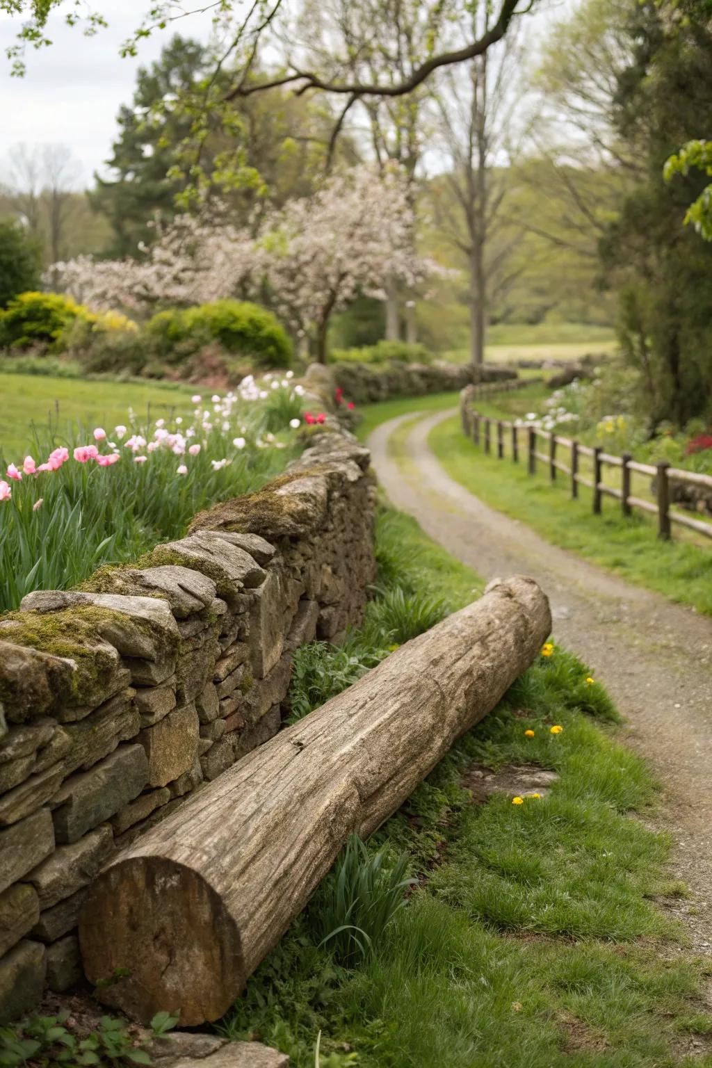 Timbers and stones come together to fashion a rustic, yet refined barrier in a country garden.
