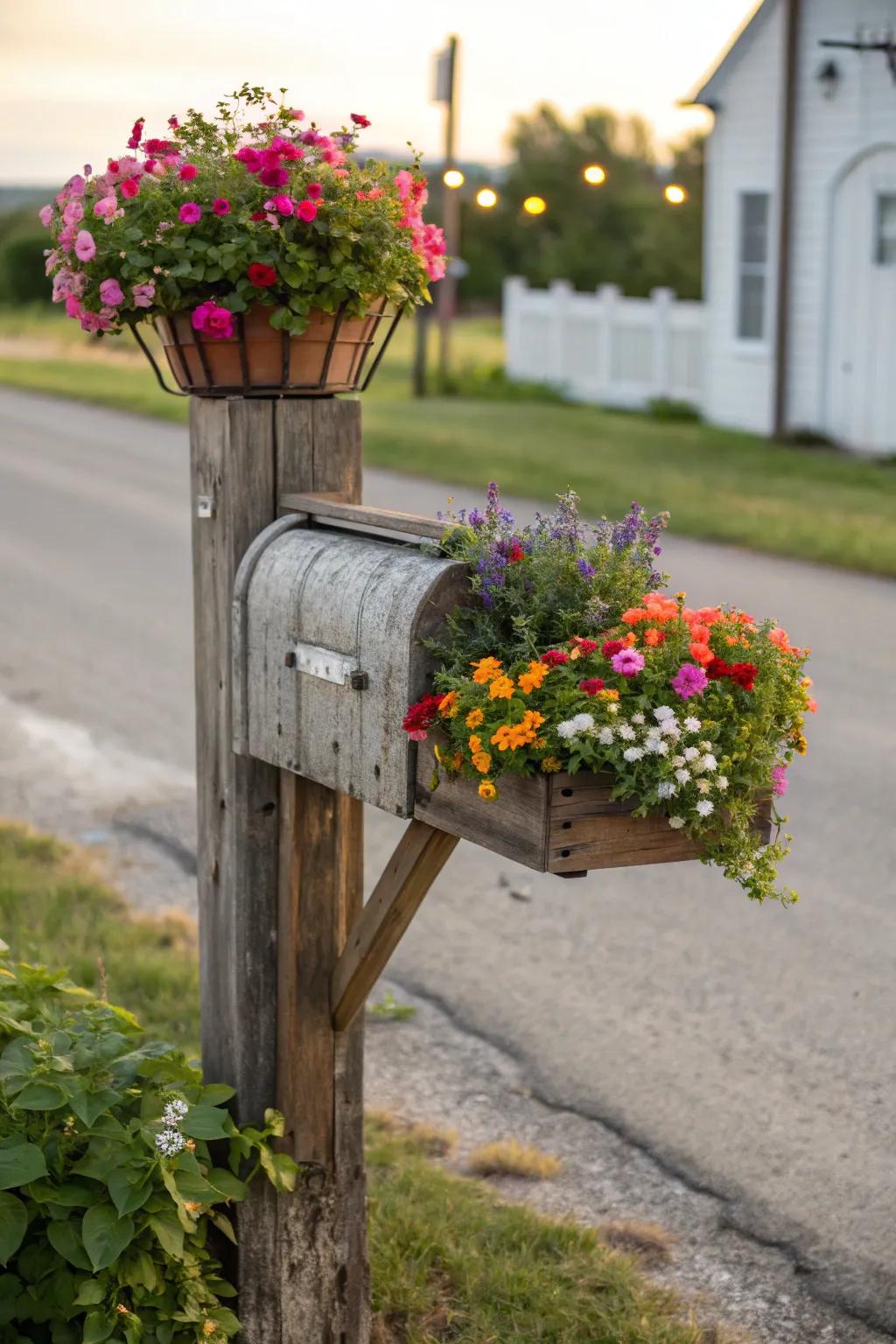 A planter box introduces vibrant color to this rustic mailbox stand.