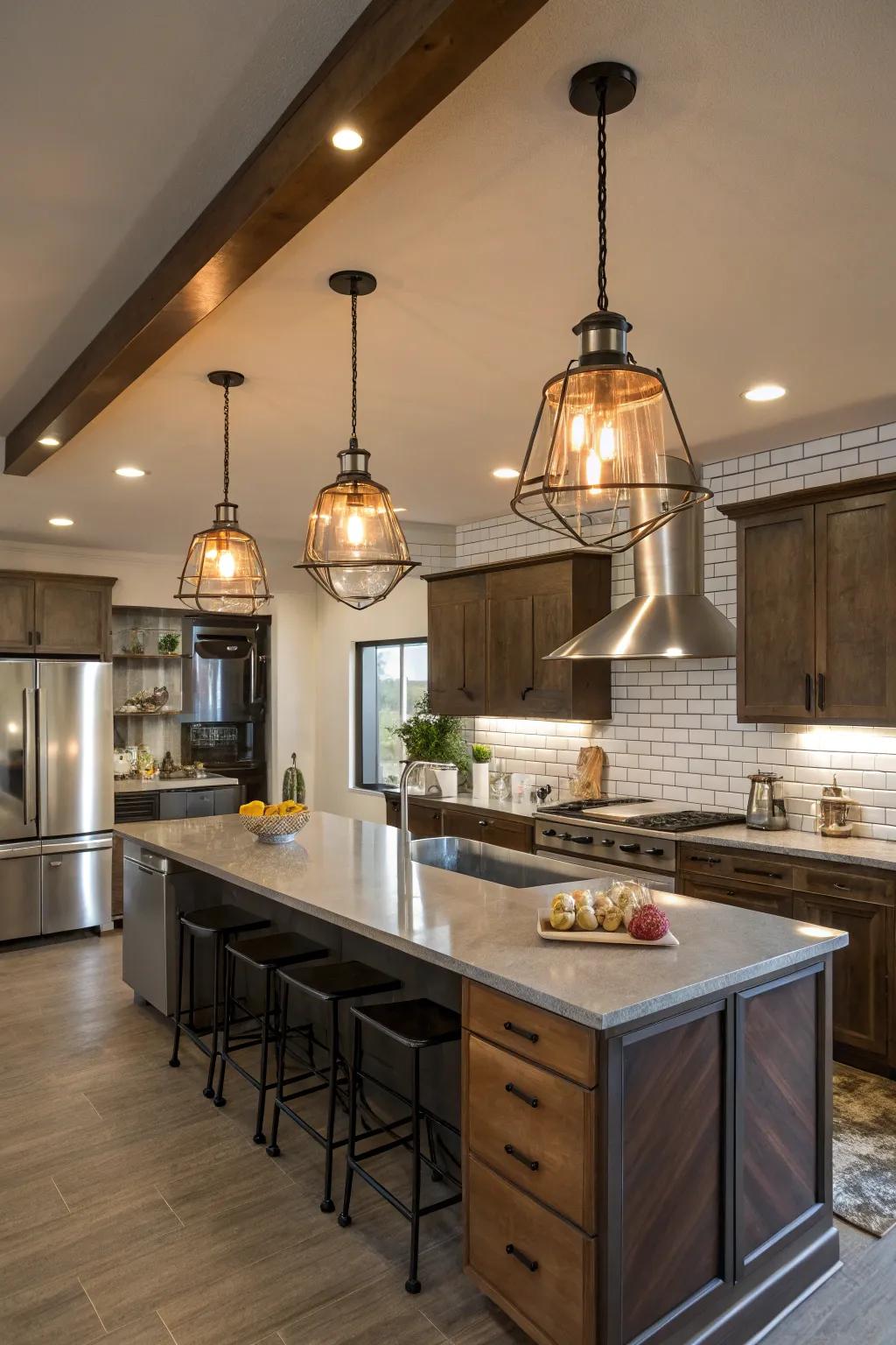 Factory-inspired lighting contributes a contemporary element to this rural house kitchen.