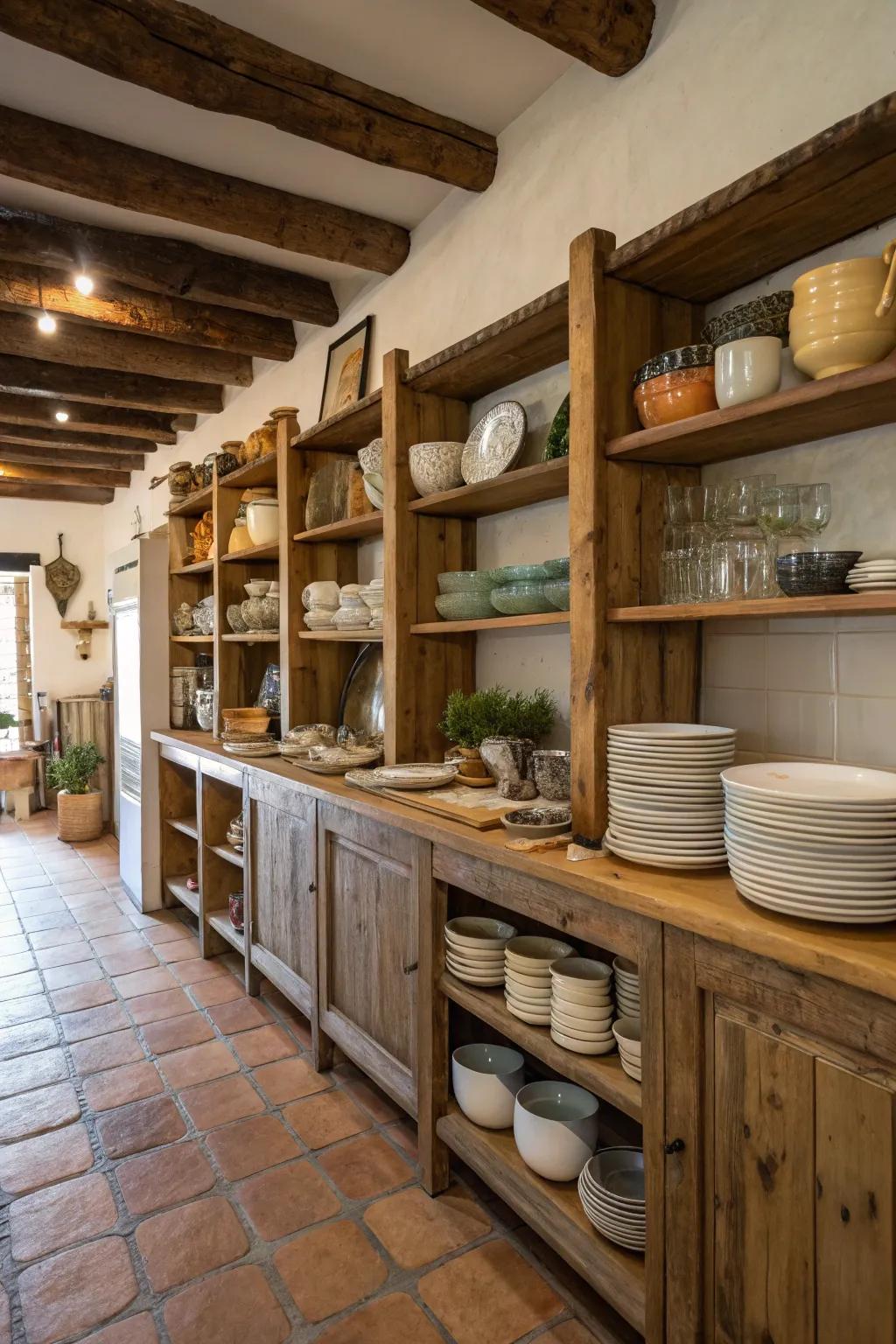Exposed shelving displays dinnerware and adds a welcoming touch.