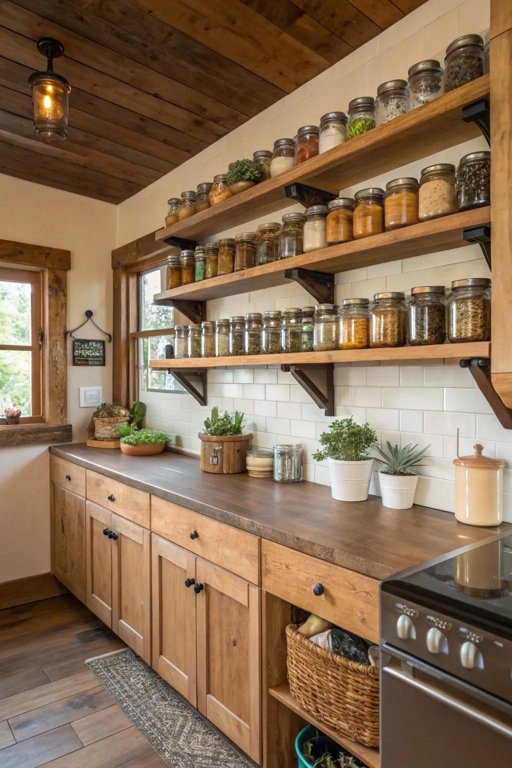Glass containers provide both storage and visual appeal in a rustic kitchen.