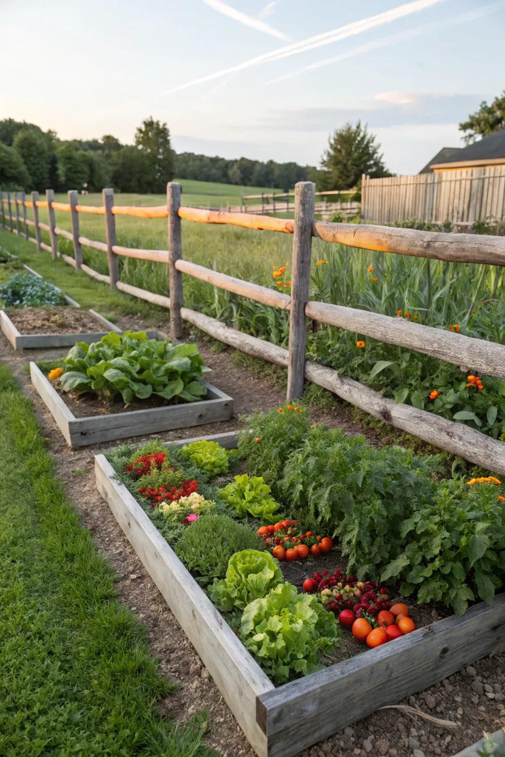 Elevated cultivation beds framed by a country rail fence.