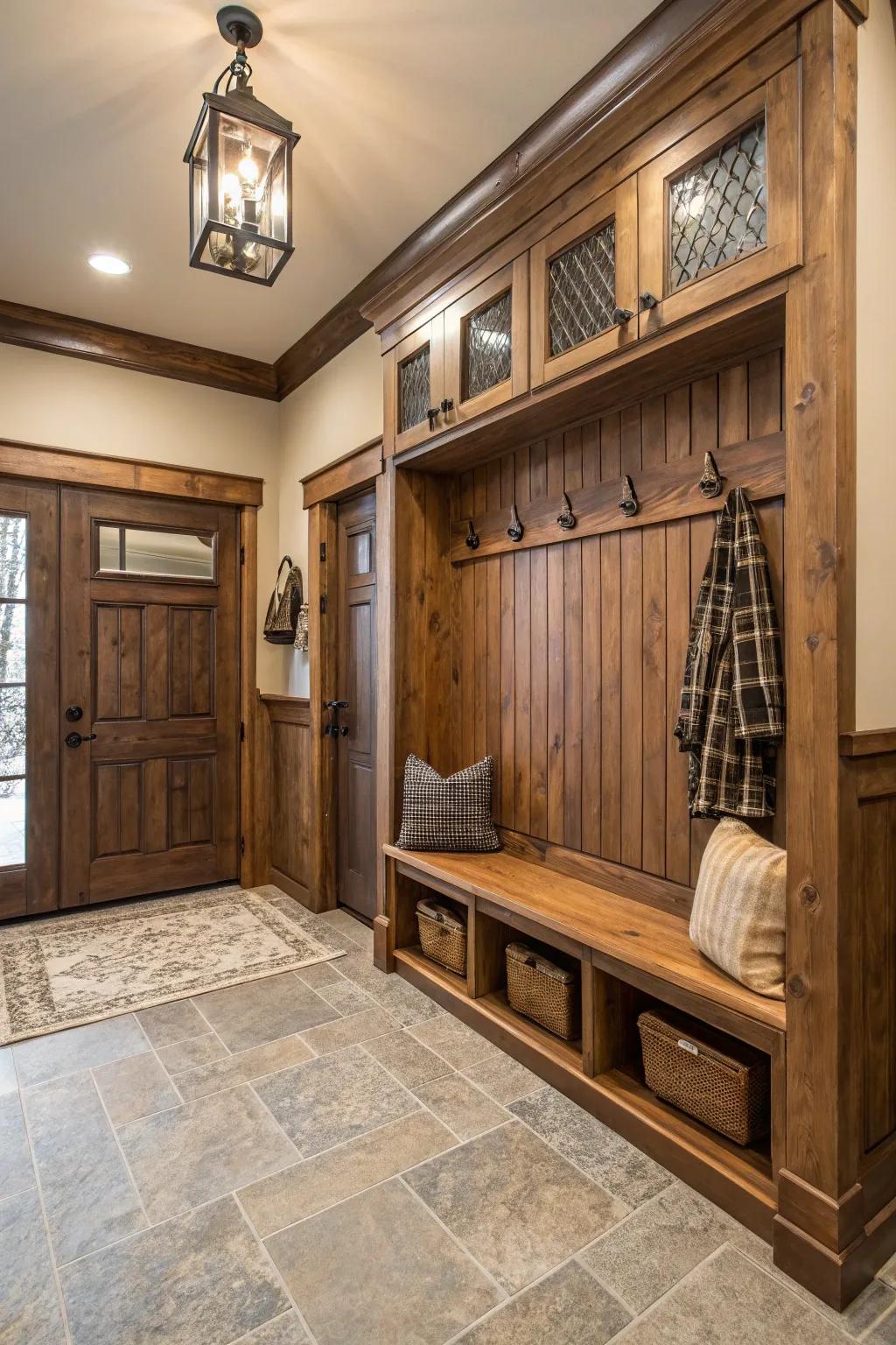 A practical and fashionable entryway with country wainscoting.