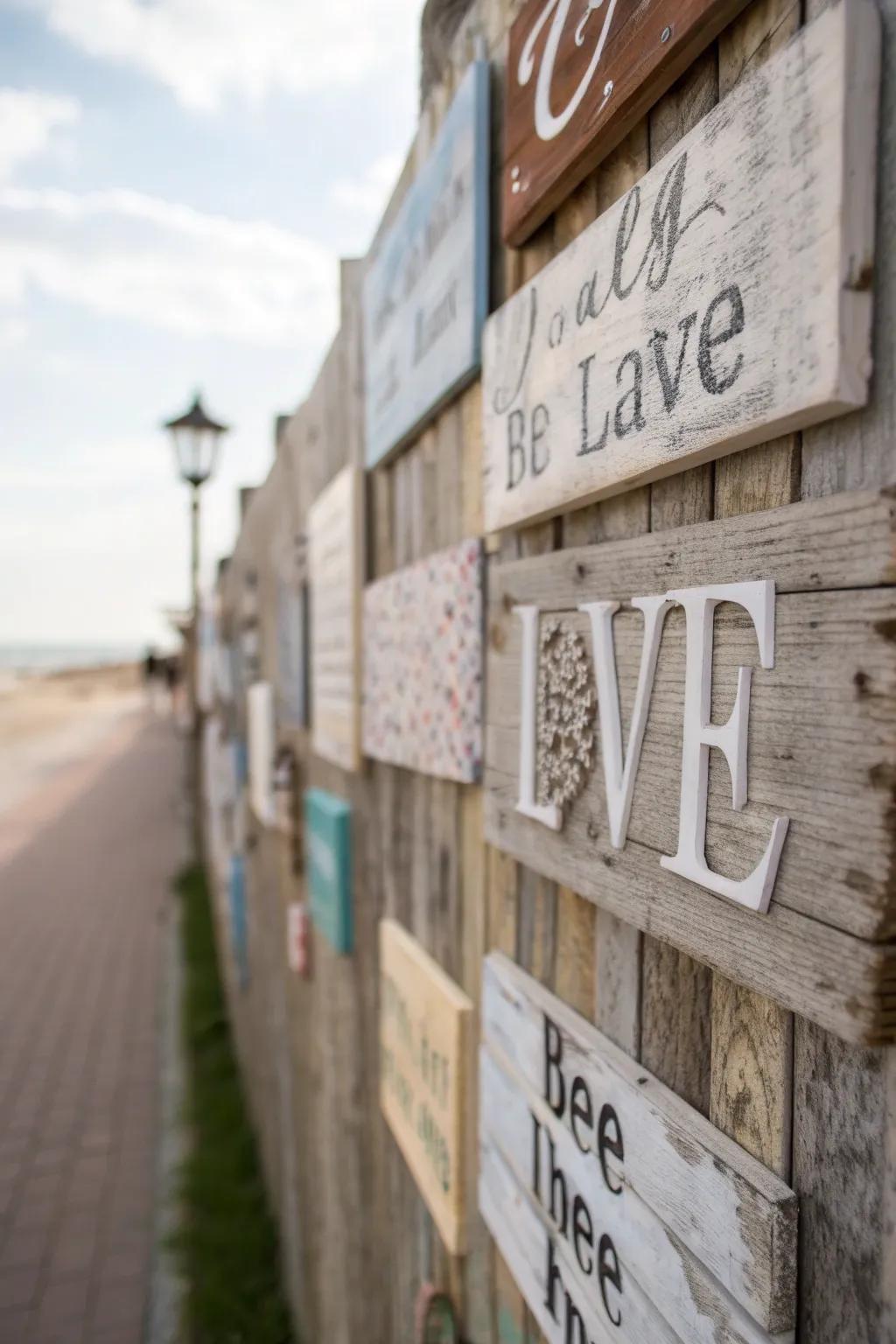 Distressed timber notices with quotations lend a personal touch to country decor.