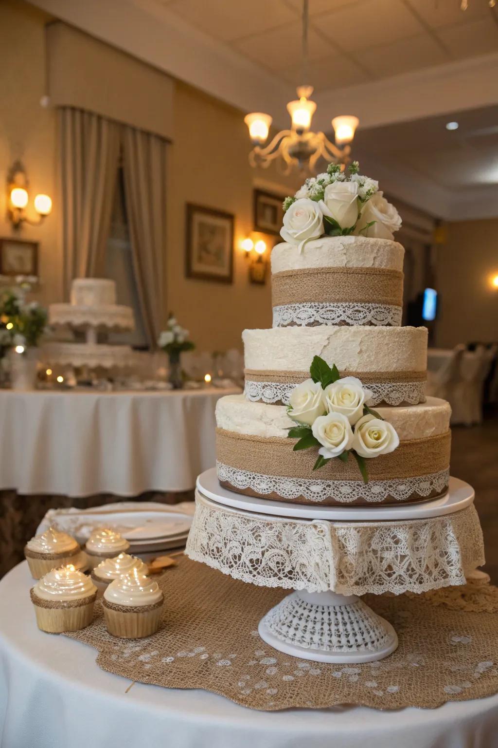 Canvas and netting highlights infuse grace into a countryside cake stand.