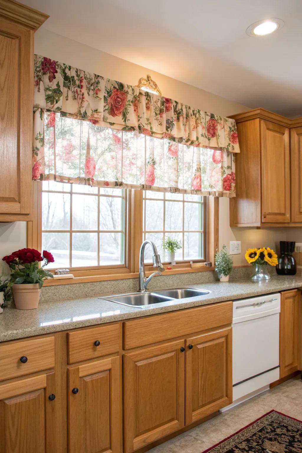 A cheerful kitchen enhanced by a floral cloth valance that adds a dash of color and nature.