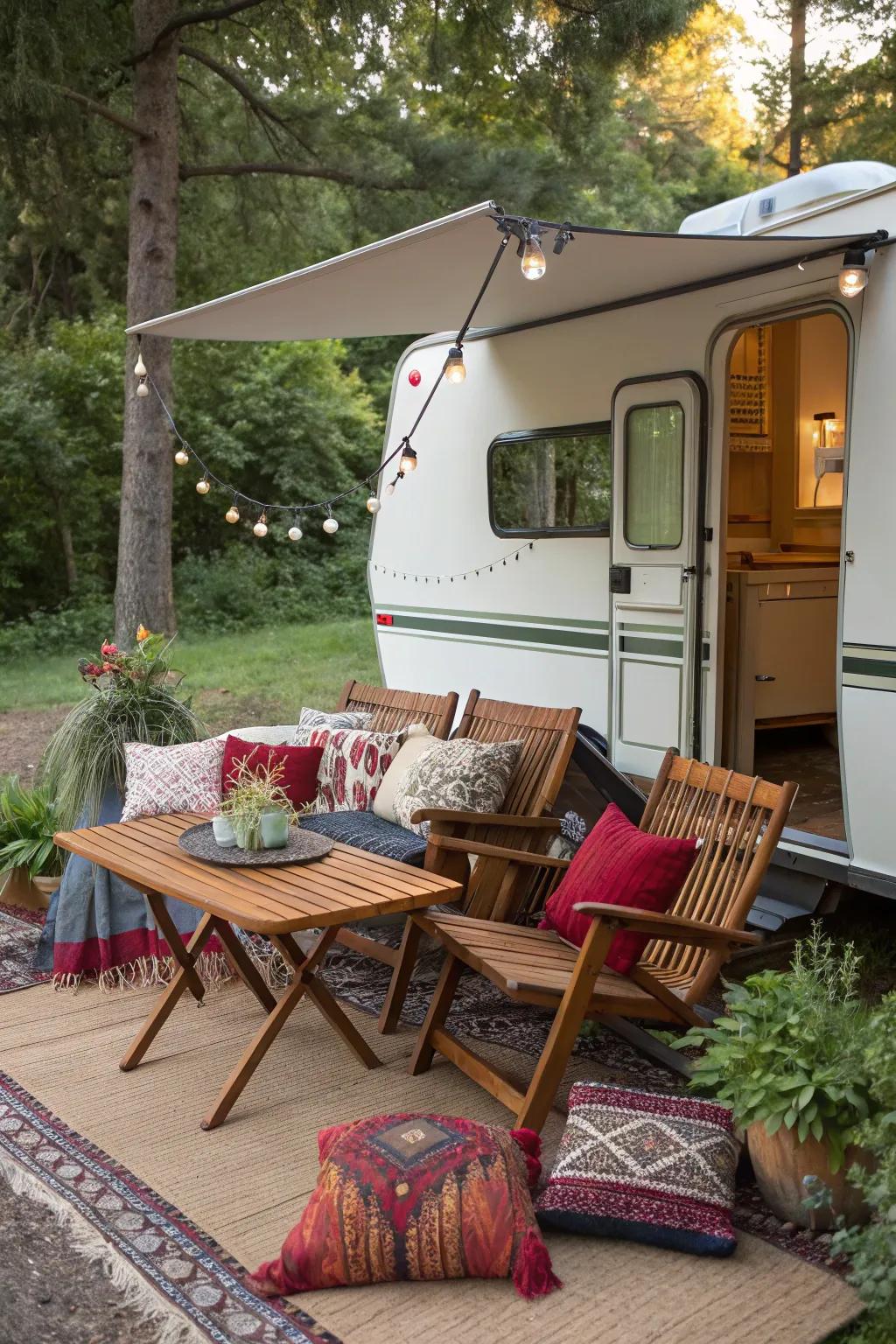 Cushions and blankets add color and coziness to your campsite.