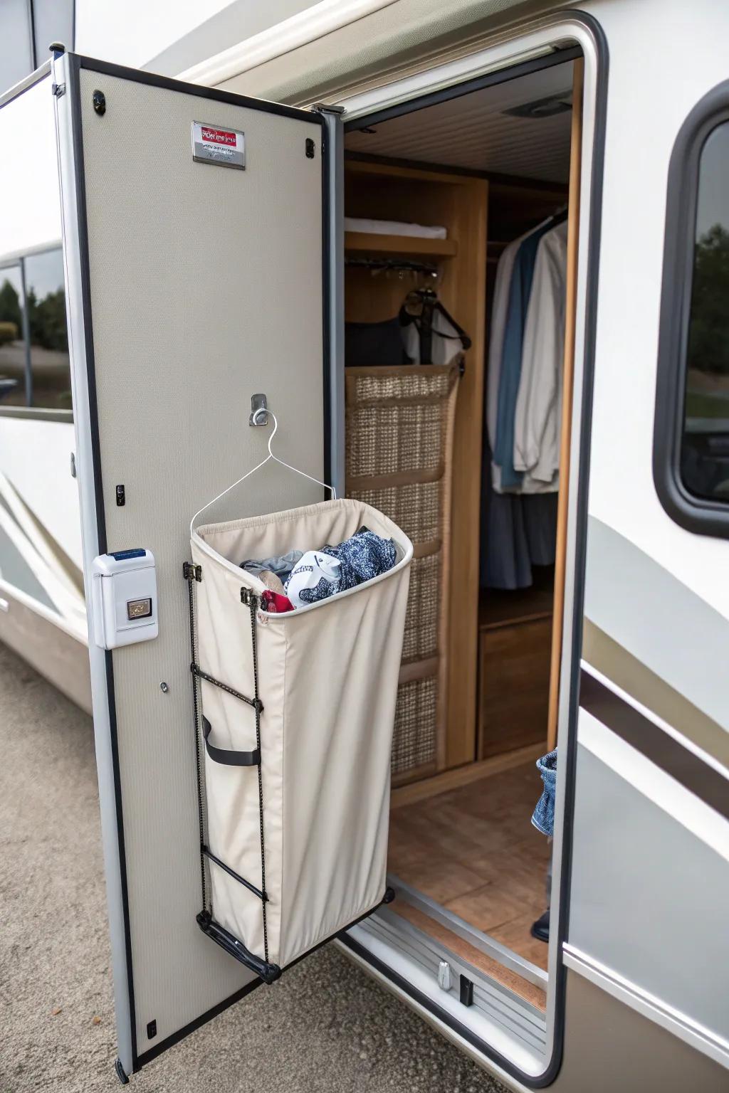 A sleek wash-bin keeps soiled laundry neat and hidden.