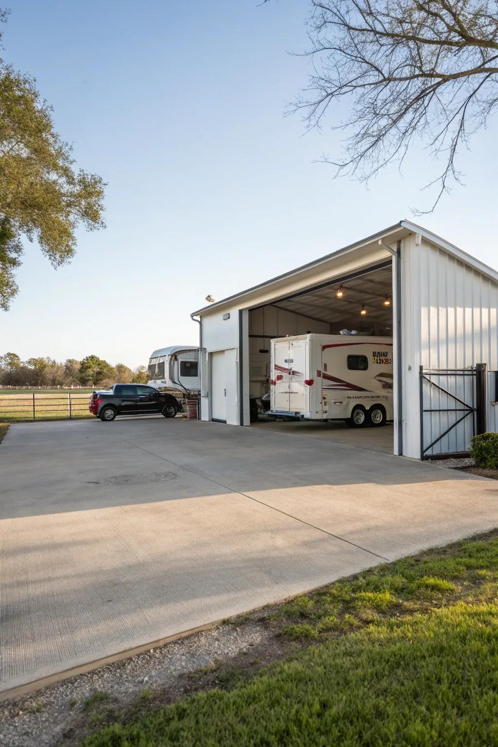 A capacious RV shed accommodating more than one vehicle.