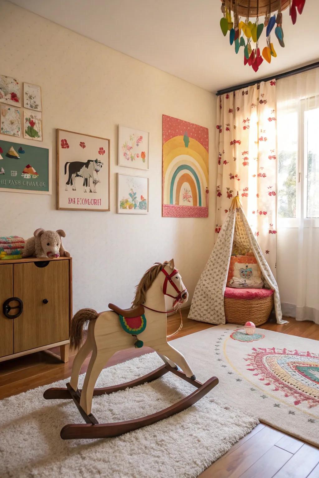 An equine seat rocking horse incorporates a whimsical touch to this cheerful children's space.