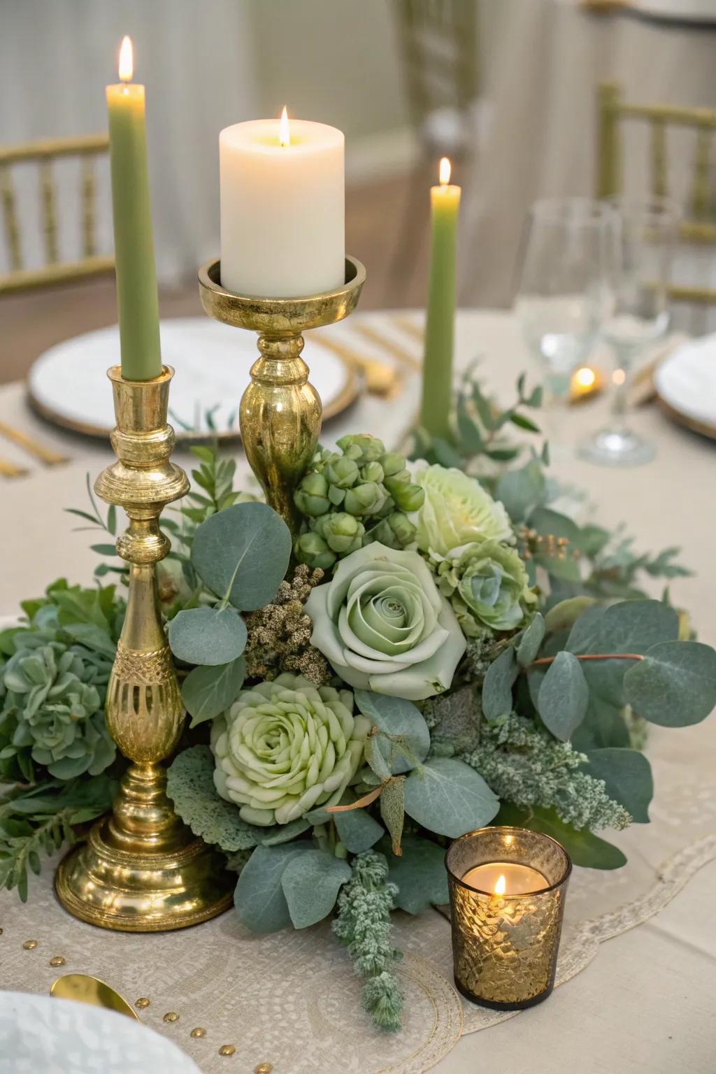 Sage green paired with gold imparts a sophisticated flair to any table.