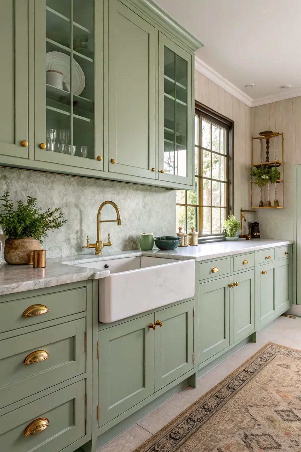 Brass fixtures adding a luxurious touch to a sage green kitchen.