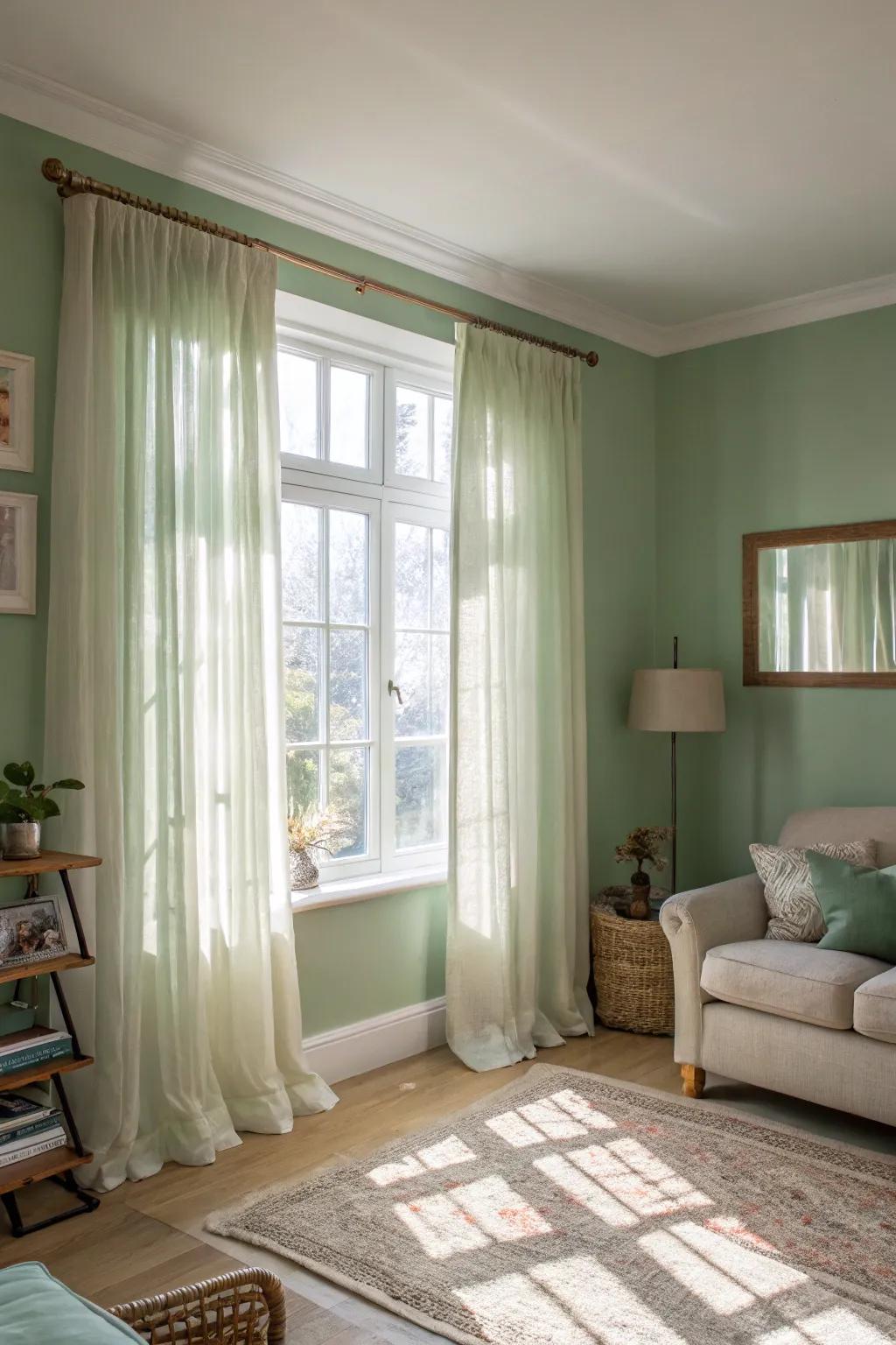 Sunlight elevates the tranquil quality of sage green walls.