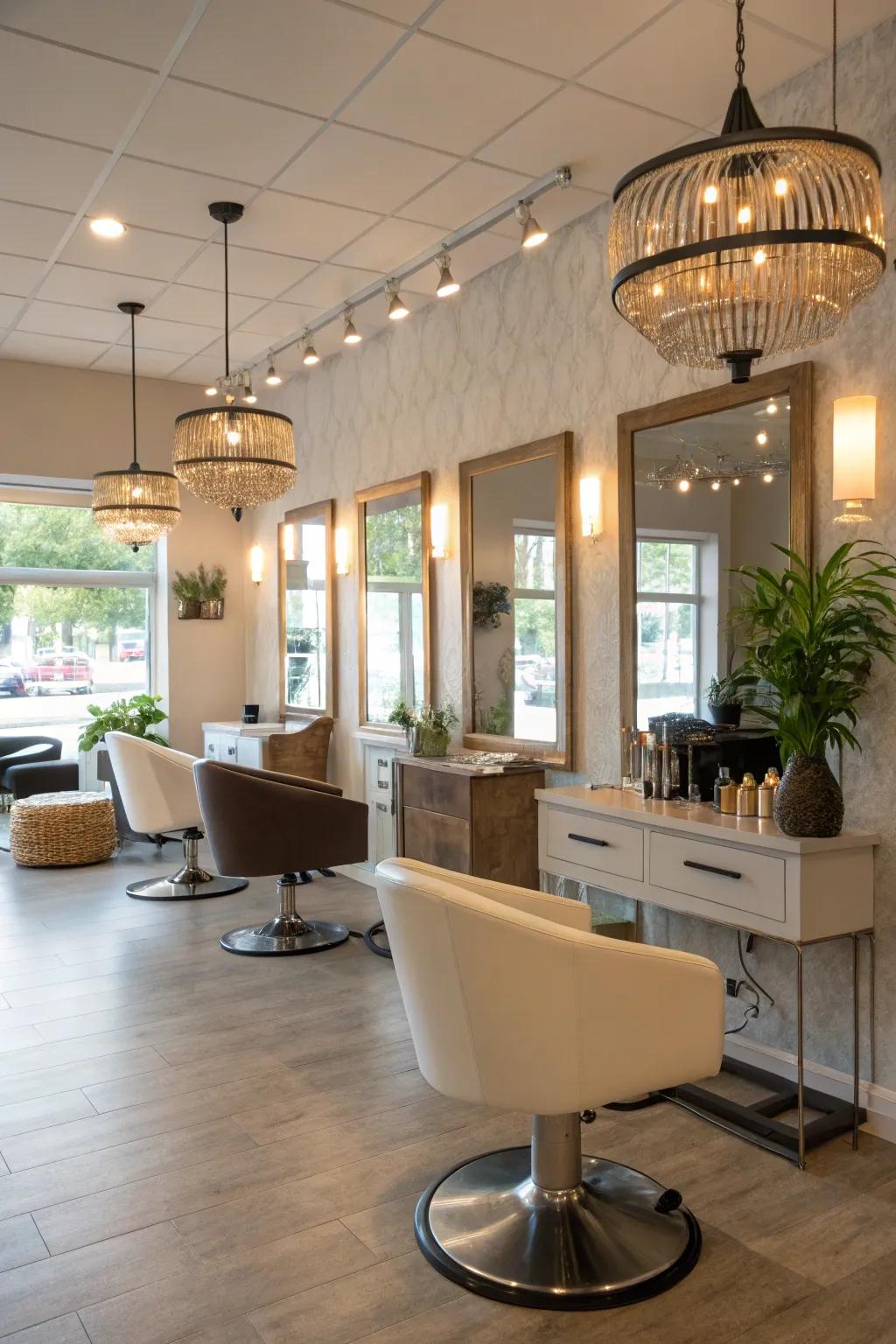 Lighting fostering an inviting and cozy salon environment.