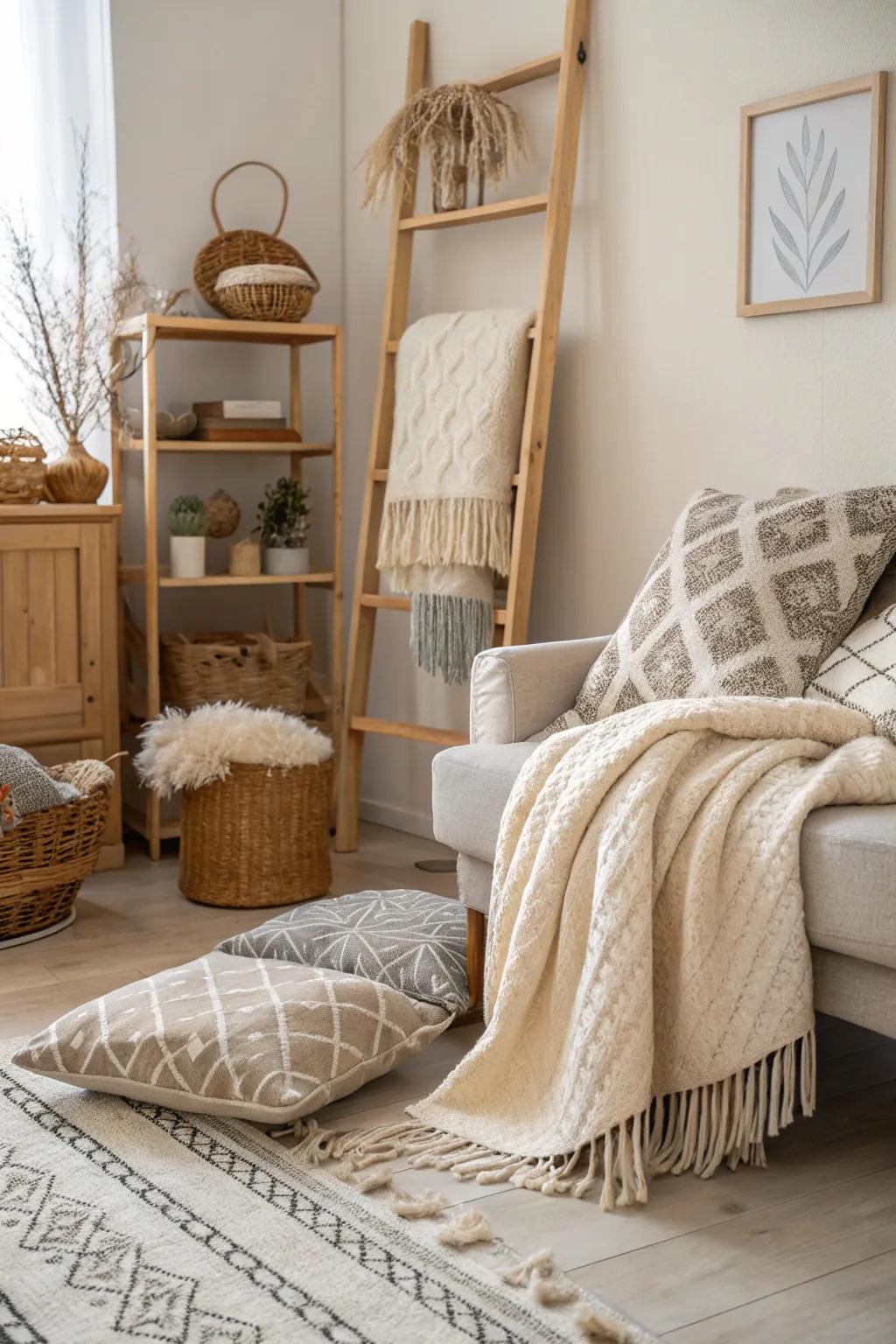 Comforting textiles soften this Scandinavian interior.
