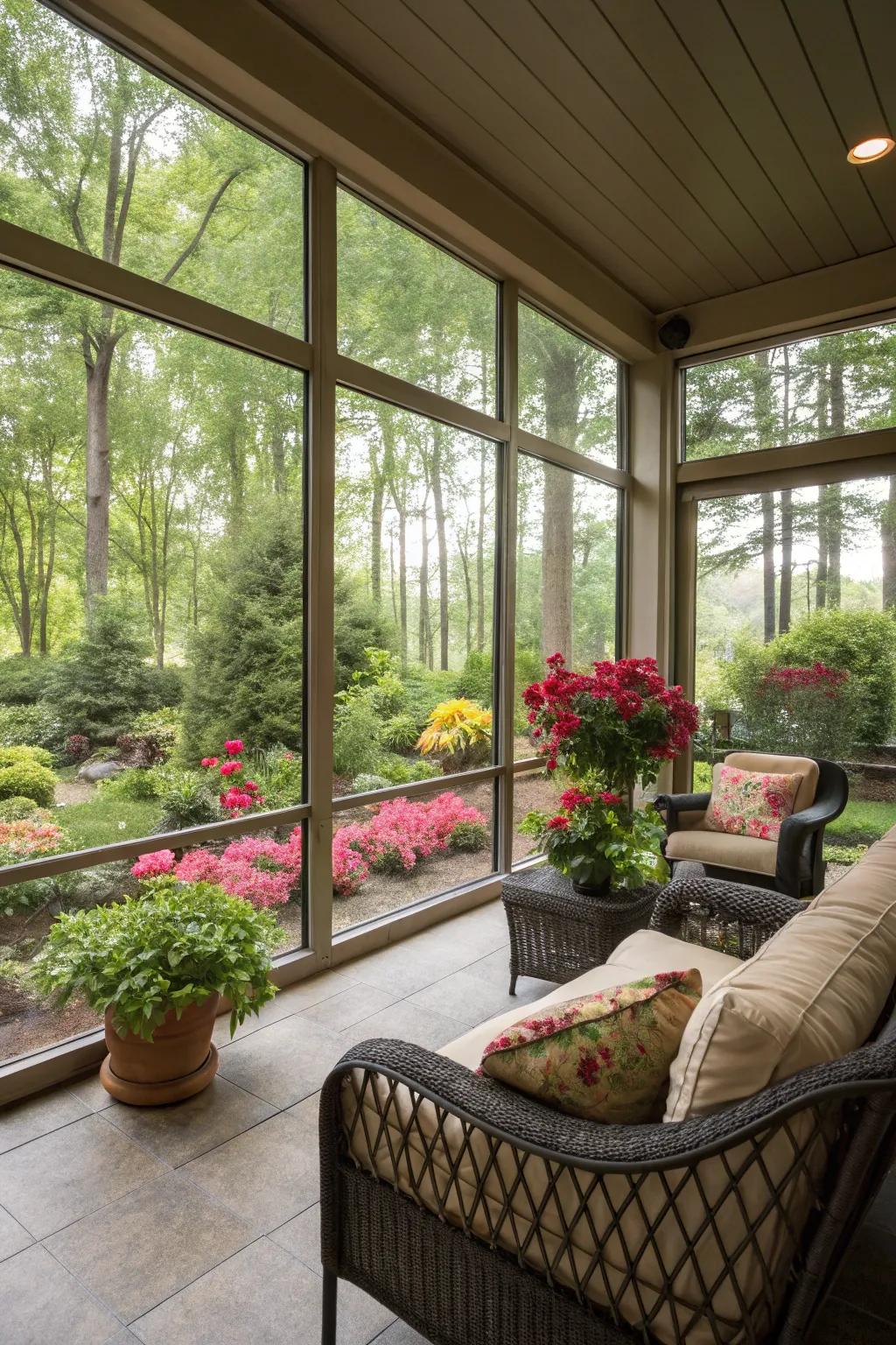 Scenic windows providing a garden view from the lanai.