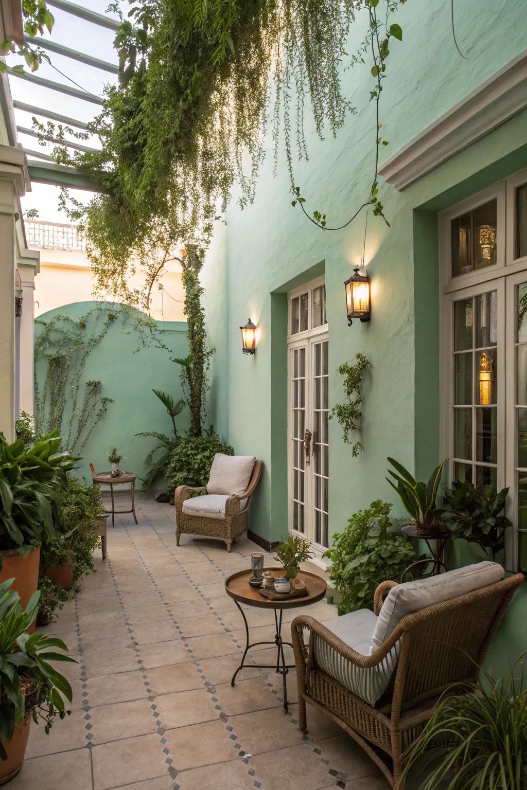 An outdoor oasis with calming seafoam green walls.