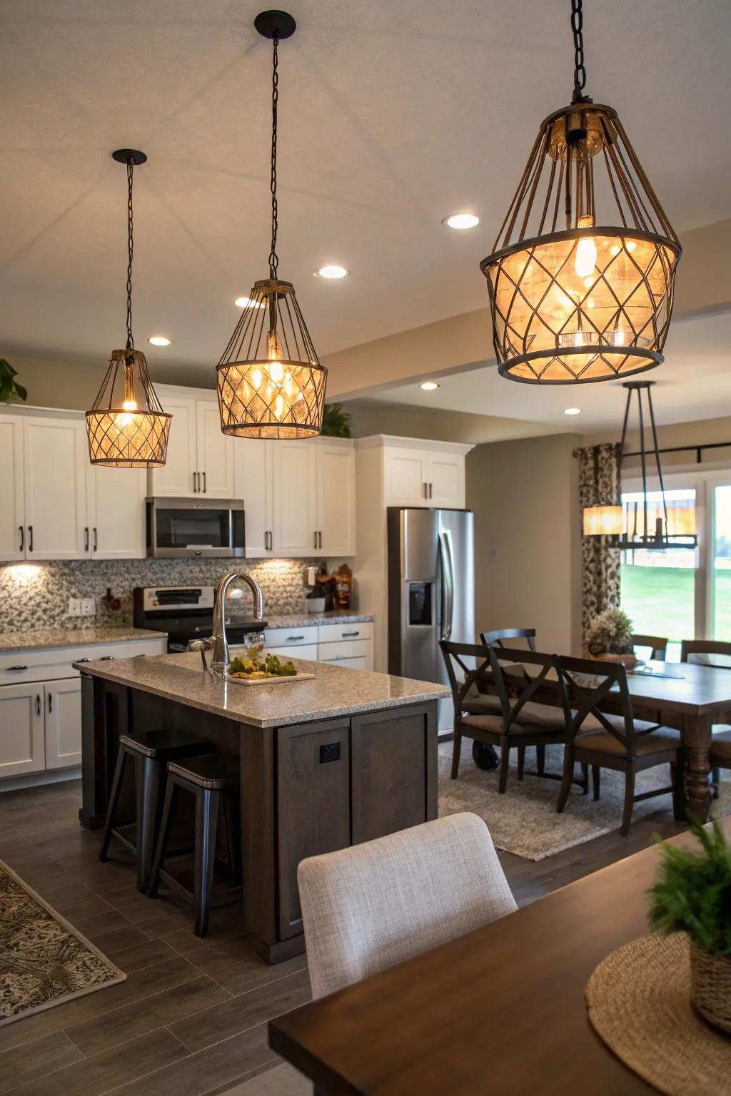 Stylish lighting fixtures serve as focal points in a semi-open layout.