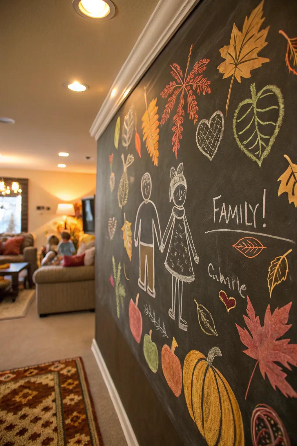 A wall transformed into a chalkboard artwork exhibit with fall-themed sketches by family members.