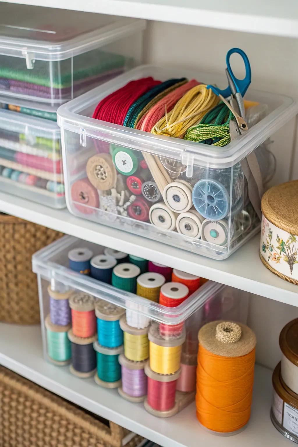 See-through containers help maintain an organized and efficient sewing space.