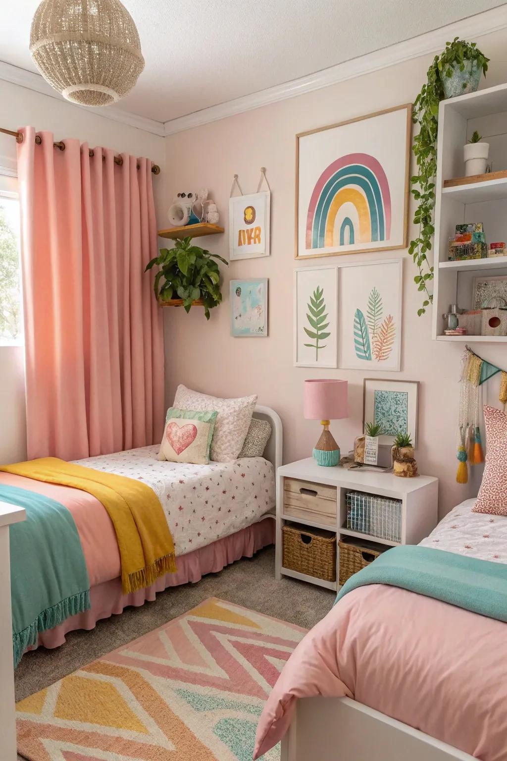 A coordinated color story unifies the shared sleeping quarter's aesthetic.