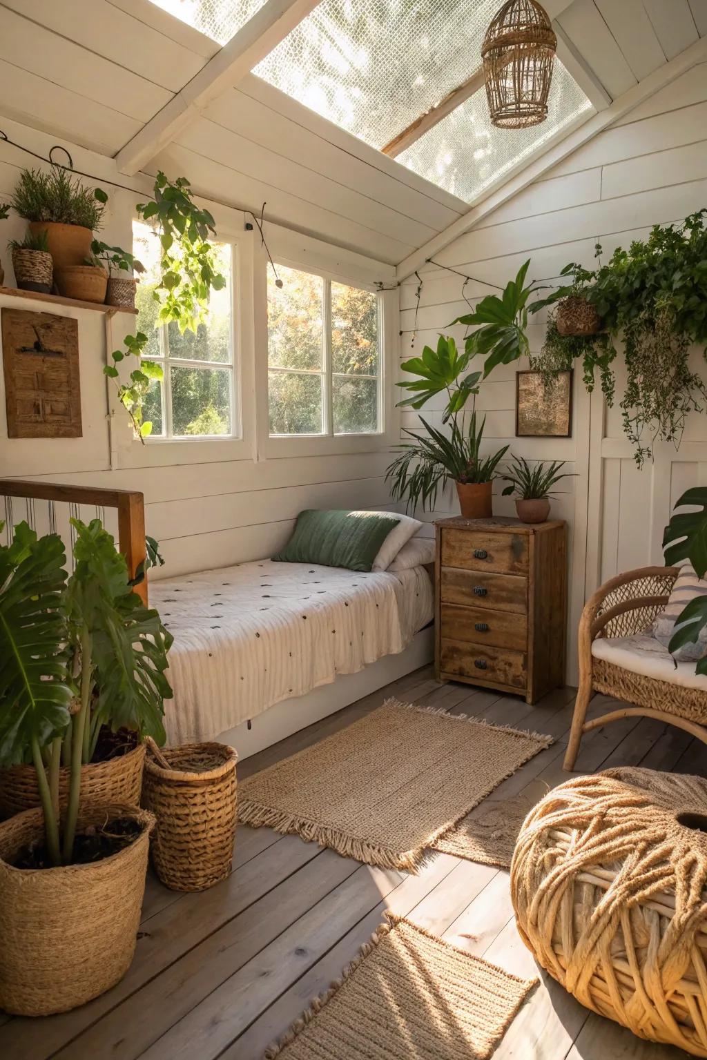 Plants breathe life and a hint of nature into your shed bedroom.