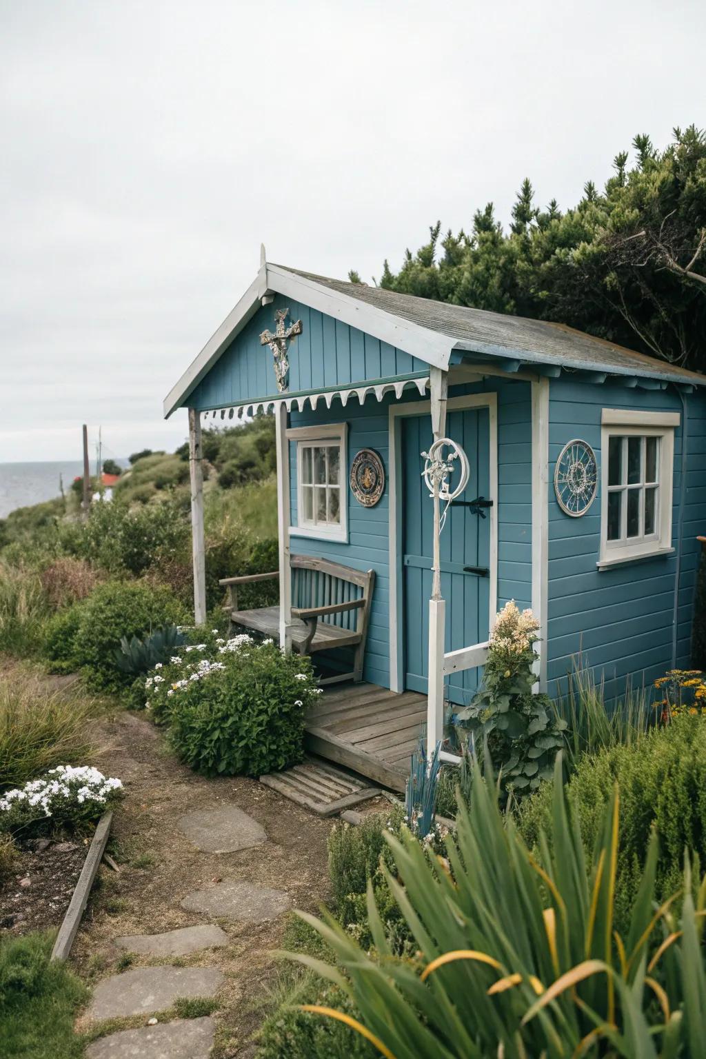 Tranquil blue sheds evoke a peaceful coastal vibe.