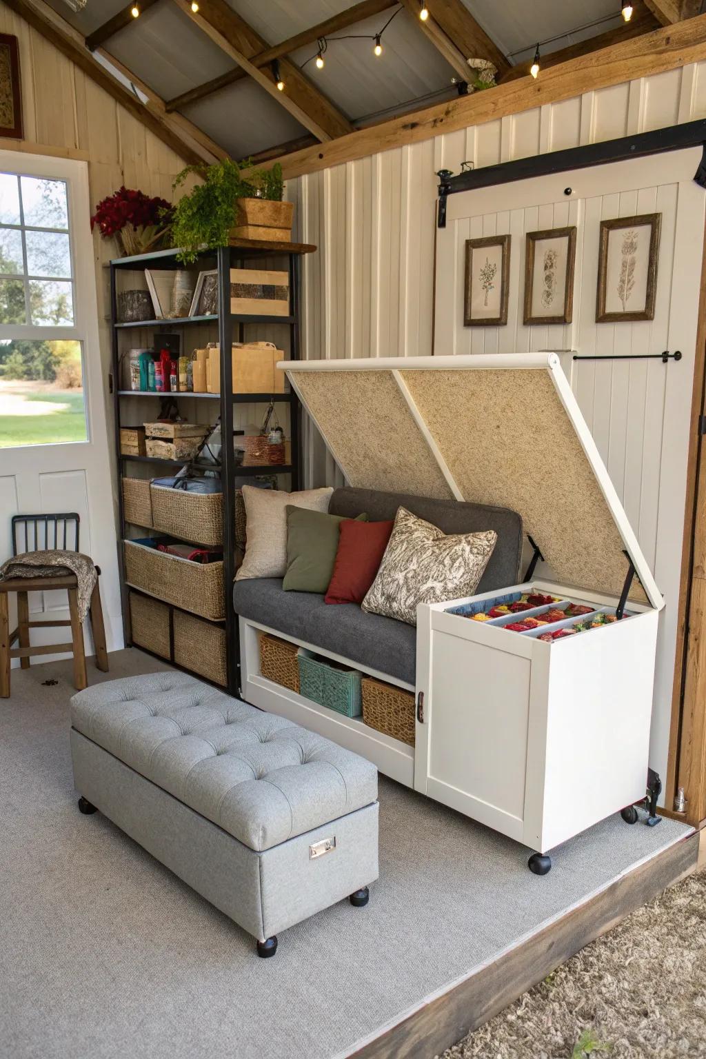 A shed dwelling interior showcasing adaptable furnishings such as a repository ottoman.