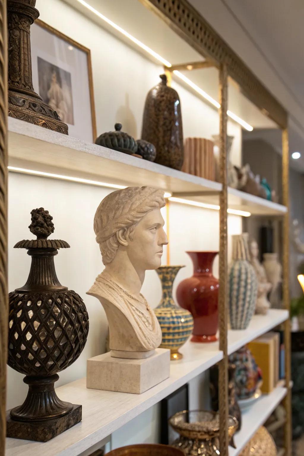 Decorative objects add interest and personality to the shelf.