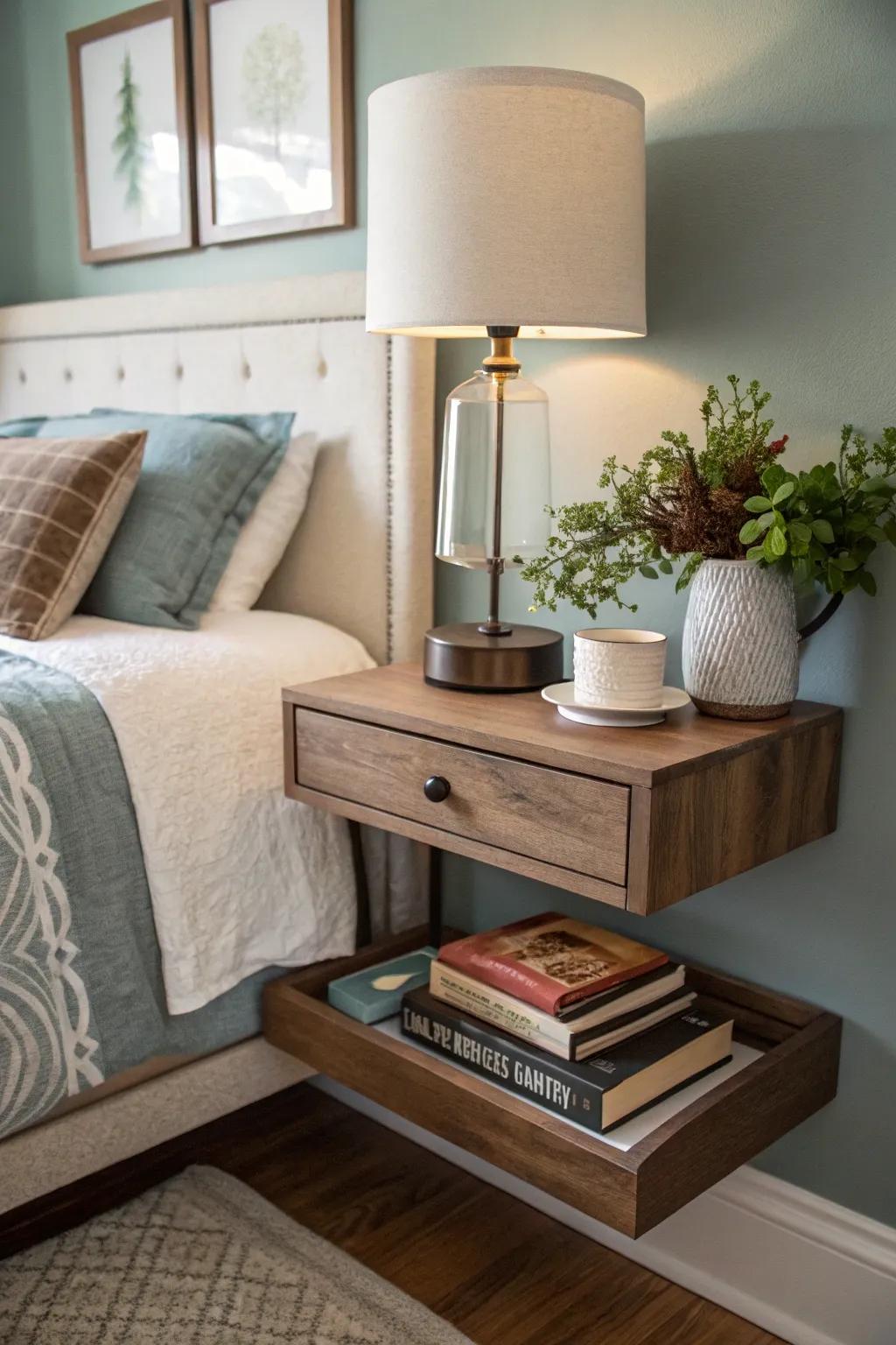 Wall-mounted shelves are perfect nightstands in small spaces.